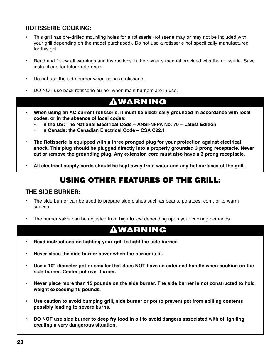 Warning, Using other features of the grill, Rotisserie cooking | The side burner | Brinkmann ELITE SERIES 4685 User Manual | Page 24 / 28