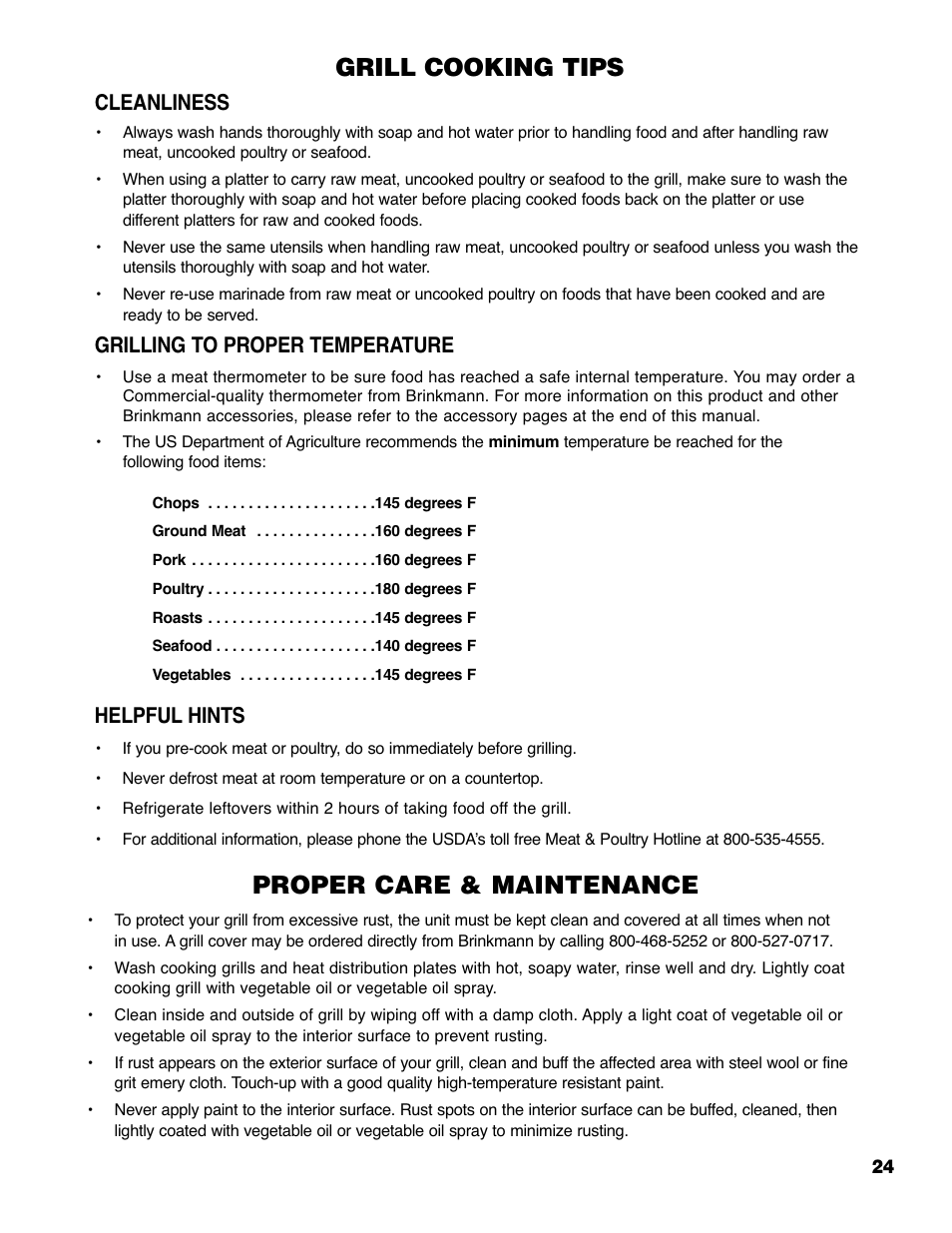 Grill cooking tips, Proper care & maintenance, Cleanliness | Grilling to proper temperature, Helpful hints | Brinkmann ELITE SERIES 4685 User Manual | Page 25 / 28