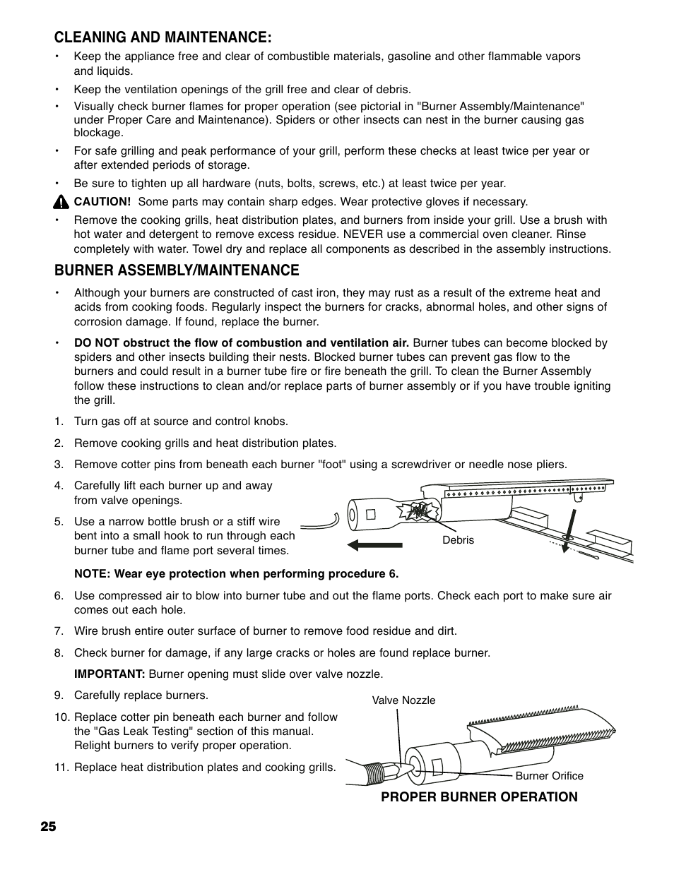 Burner assembly/maintenance, Cleaning and maintenance | Brinkmann ELITE SERIES 4685 User Manual | Page 26 / 28