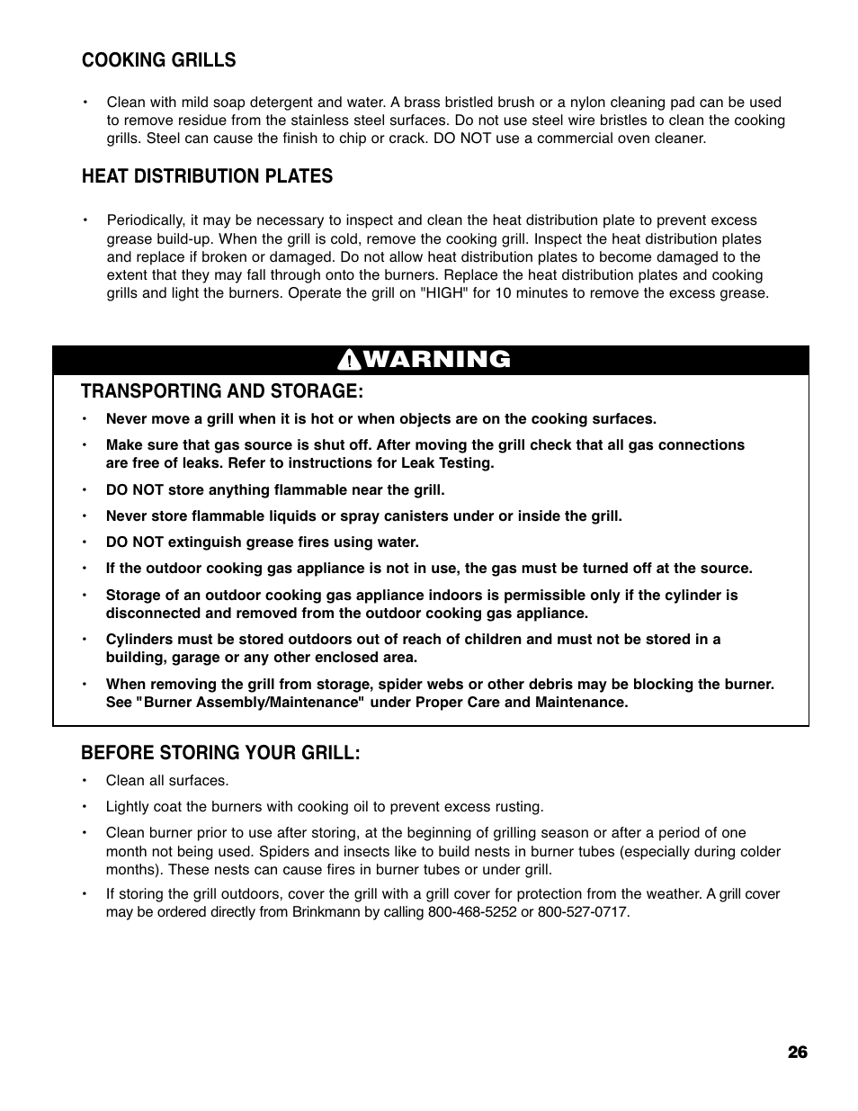 Warning, Transporting and storage, Before storing your grill | Cooking grills, Heat distribution plates | Brinkmann ELITE SERIES 4685 User Manual | Page 27 / 28
