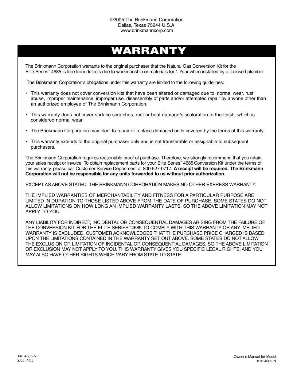 Warranty | Brinkmann ELITE SERIES 4685 User Manual | Page 28 / 28