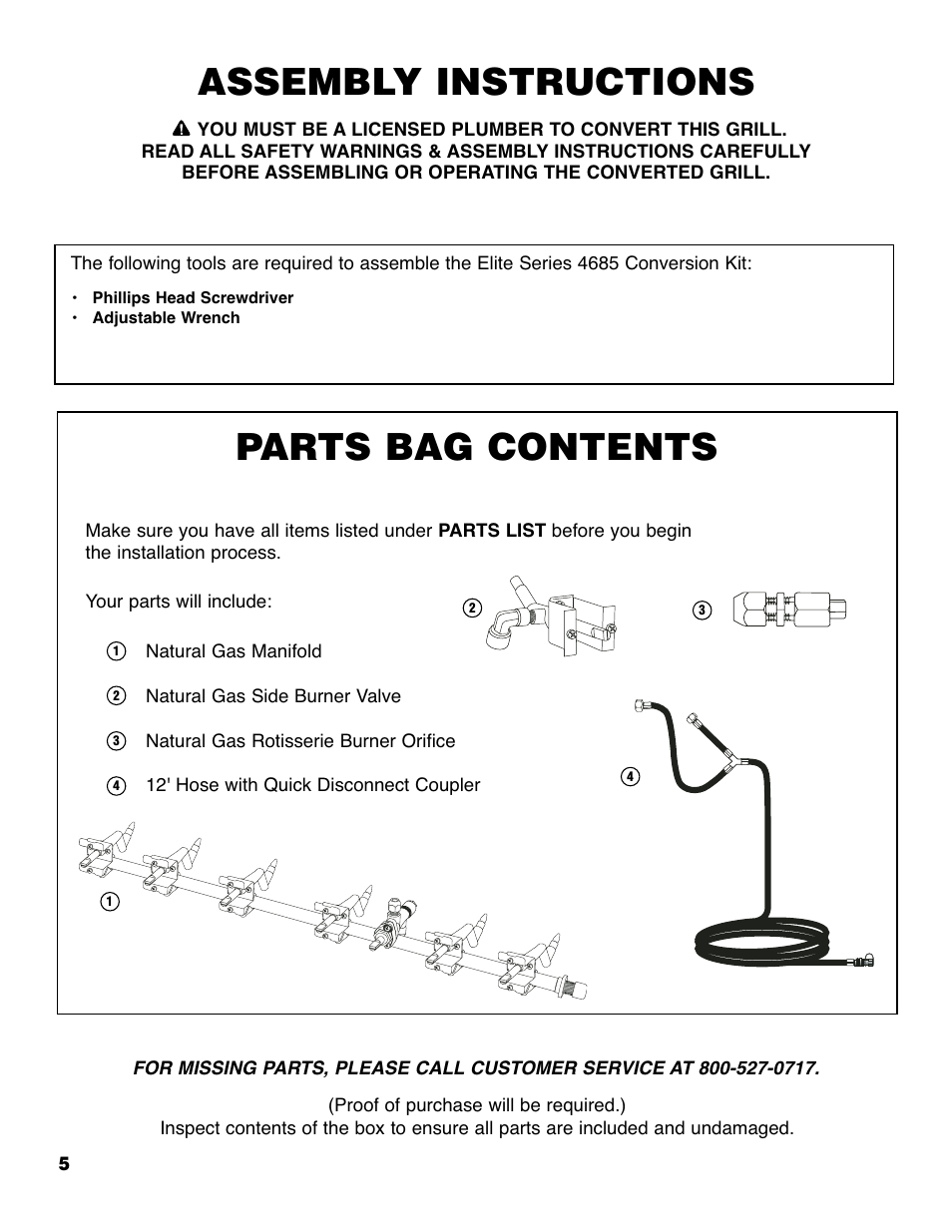 Parts bag contents, Assembly instructions | Brinkmann ELITE SERIES 4685 User Manual | Page 6 / 28