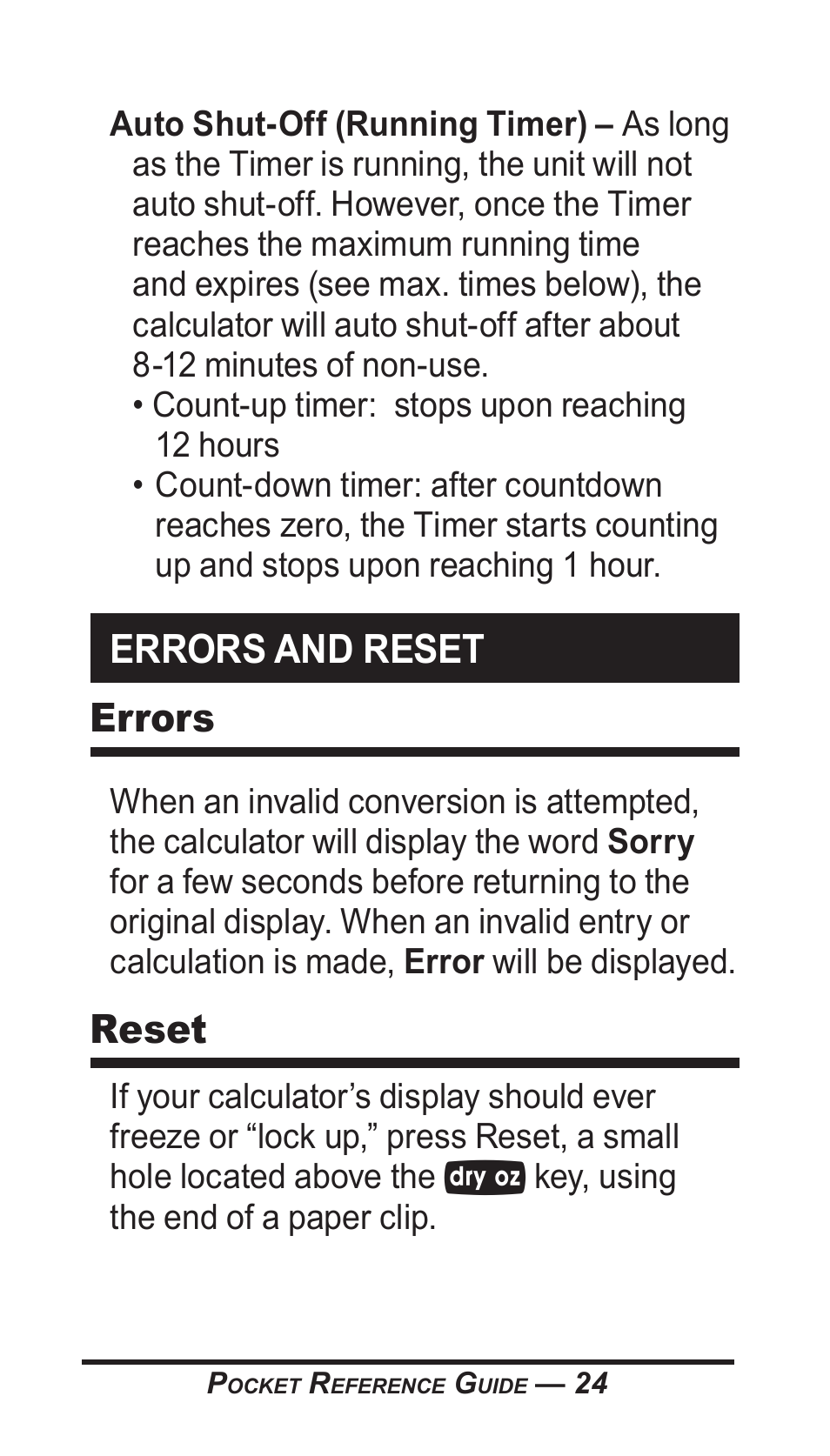 Errors and reset errors, Reset | Calculated Industries 8300-G User Manual | Page 25 / 28