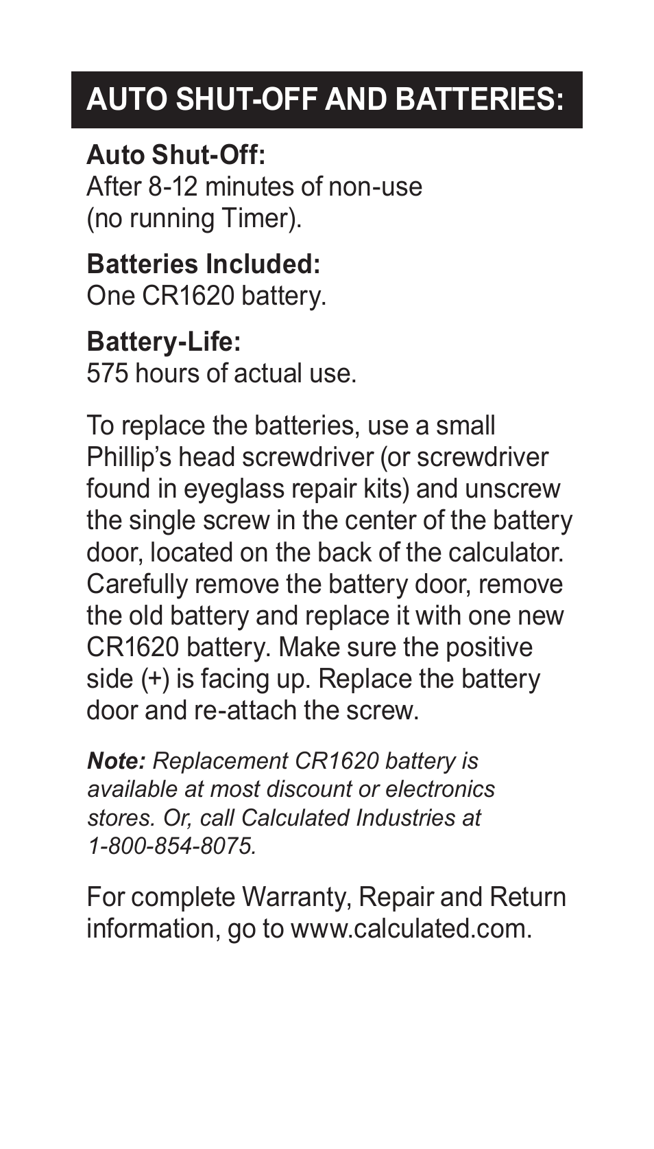 Auto shut-off and batteries | Calculated Industries 8300-G User Manual | Page 26 / 28