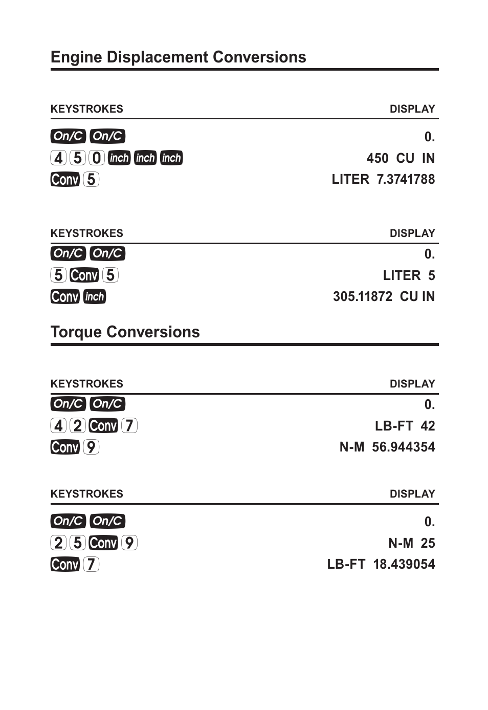 Engine displacement conversions, Torque conversions | Calculated Industries 8703 User Manual | Page 16 / 70