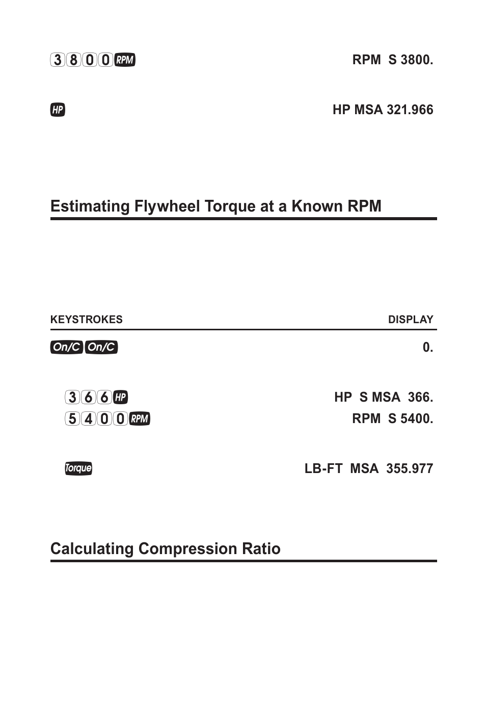 Estimating flywheel torque at a known rpm, Calculating compression ratio | Calculated Industries 8703 User Manual | Page 46 / 70