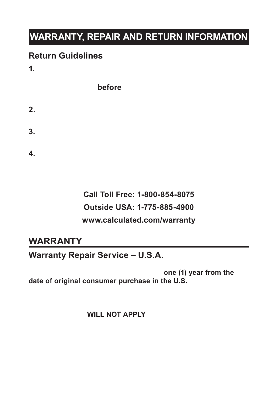 Warranty, repair and return information, Warranty, Return guidelines | Warranty repair service – u.s.a | Calculated Industries 8703 User Manual | Page 66 / 70