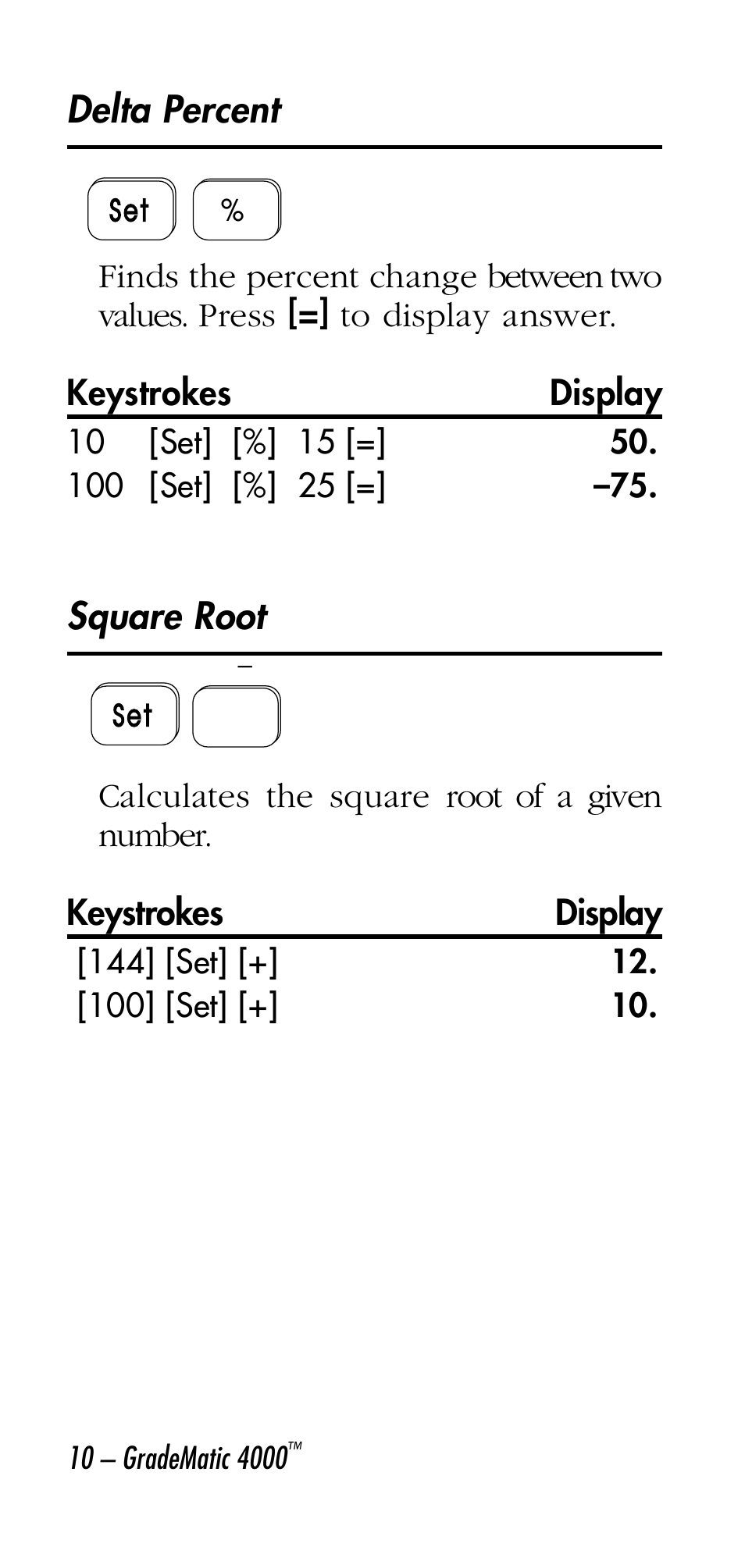 Delta percent, Square root | Calculated Industries 3058 User Manual | Page 10 / 64