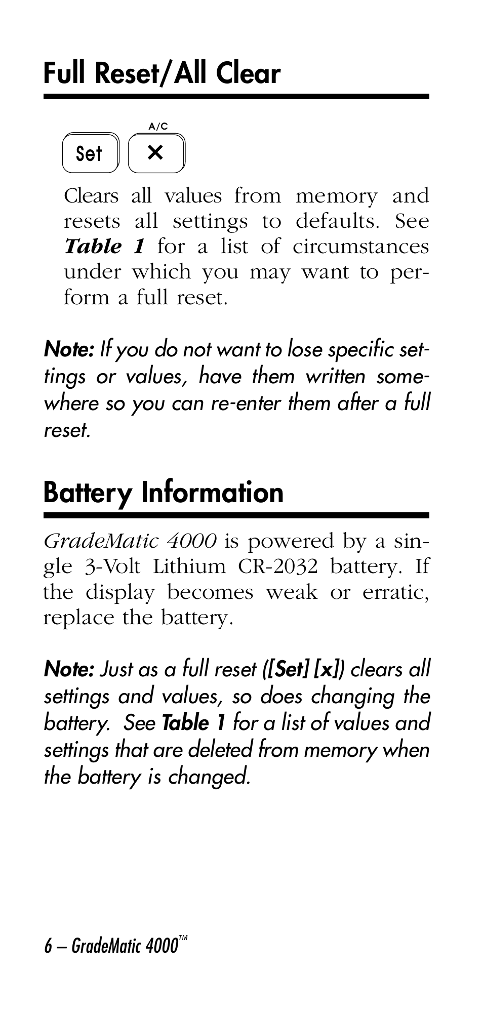 Full reset/all clear, Battery information | Calculated Industries 3058 User Manual | Page 6 / 64