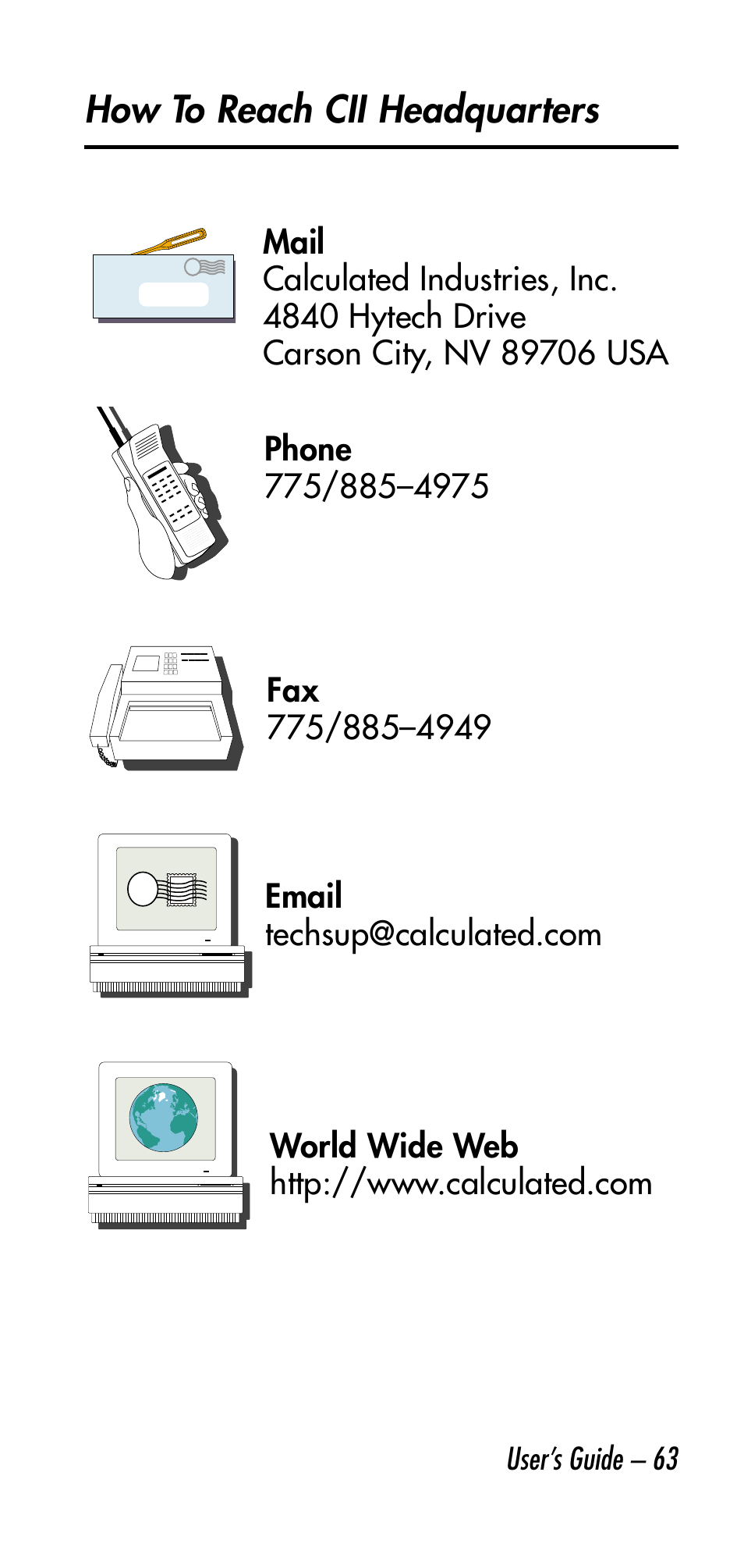 How to reach cii headquarters, User’s guide – 63 | Calculated Industries 3058 User Manual | Page 63 / 64