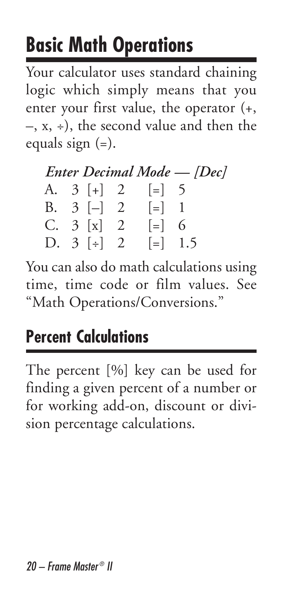 Basic math operations, Percent calculations | Calculated Industries 9226 User Manual | Page 20 / 56