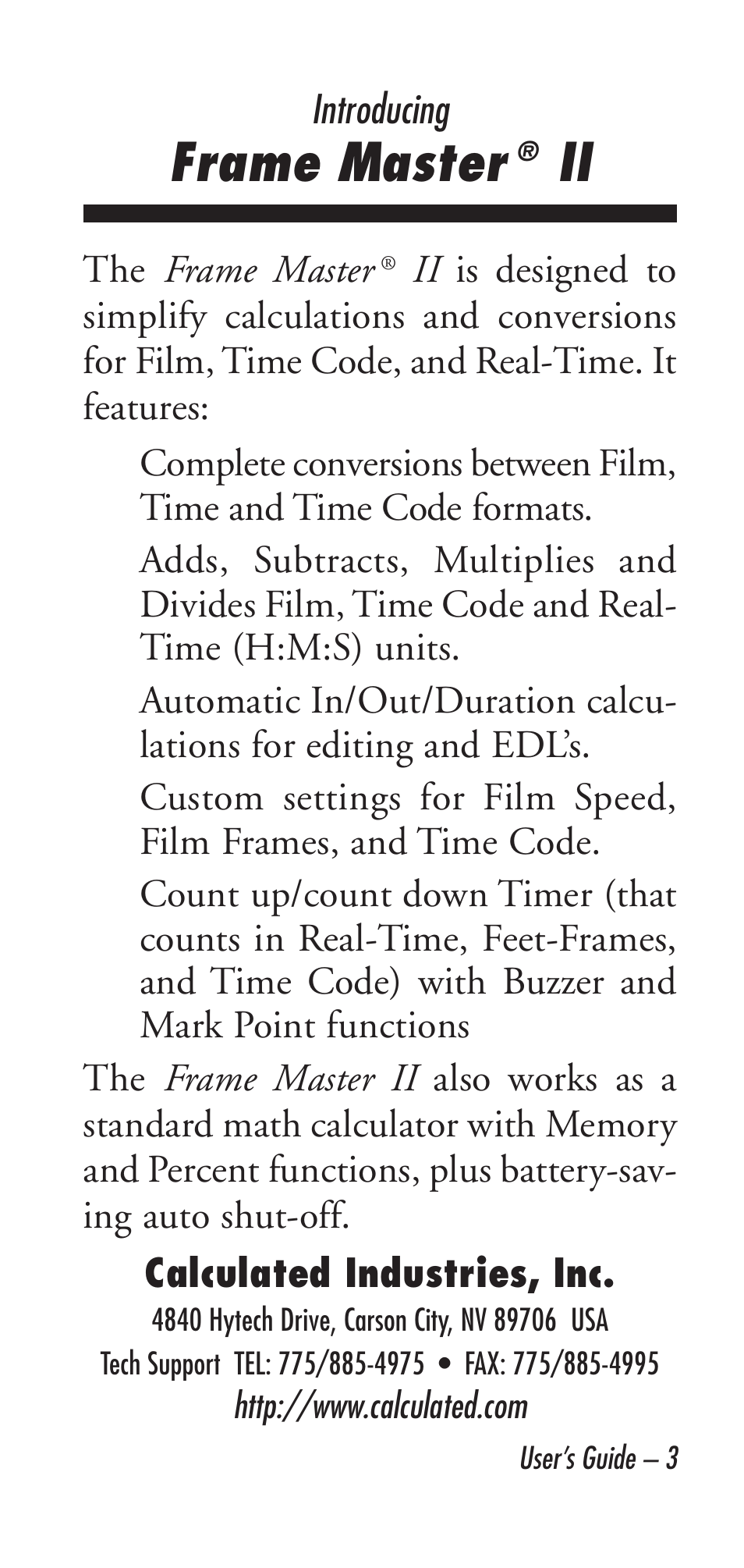 Frame master | Calculated Industries 9226 User Manual | Page 3 / 56