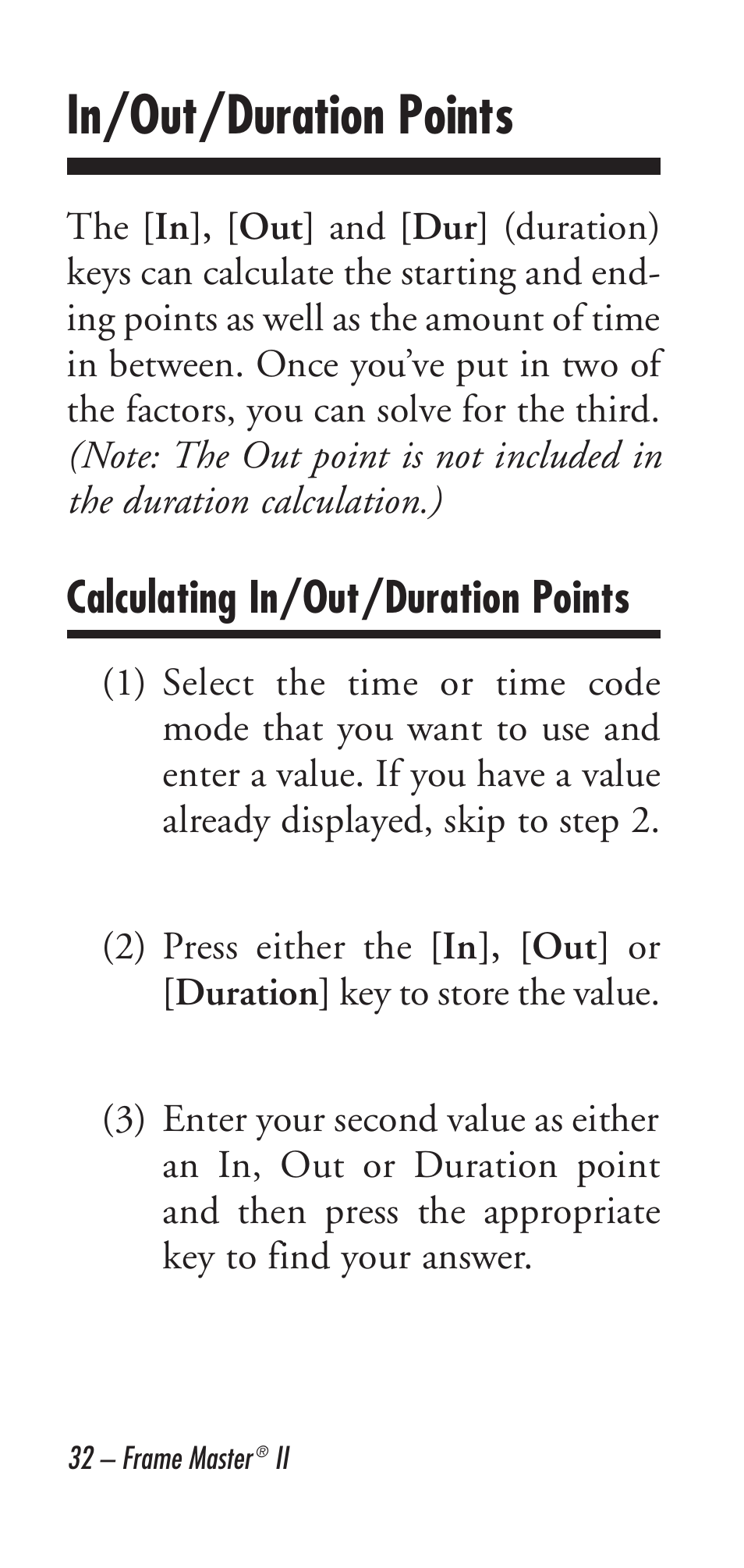 In/out/duration points, Calculating in/out/duration points | Calculated Industries 9226 User Manual | Page 32 / 56