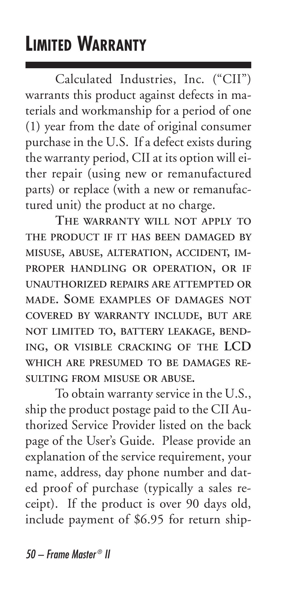 Imited, Arranty | Calculated Industries 9226 User Manual | Page 50 / 56