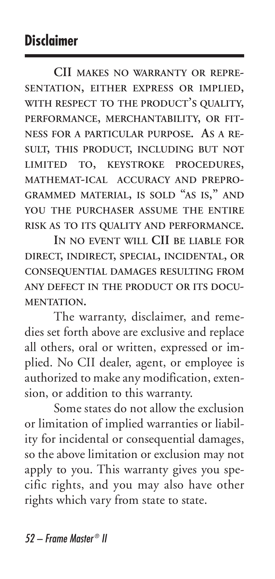 Disclaimer | Calculated Industries 9226 User Manual | Page 52 / 56
