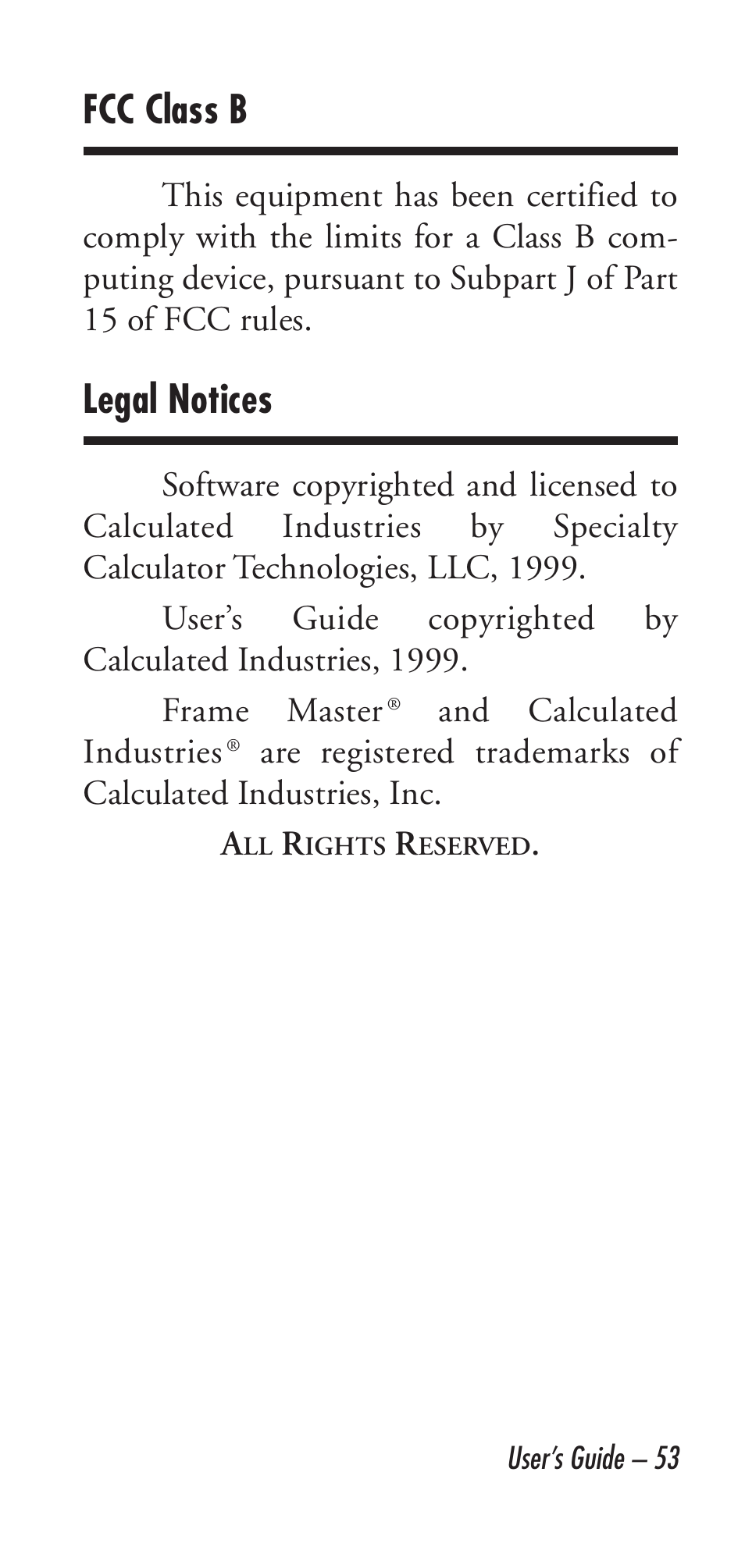 Fcc class b, Legal notices | Calculated Industries 9226 User Manual | Page 53 / 56