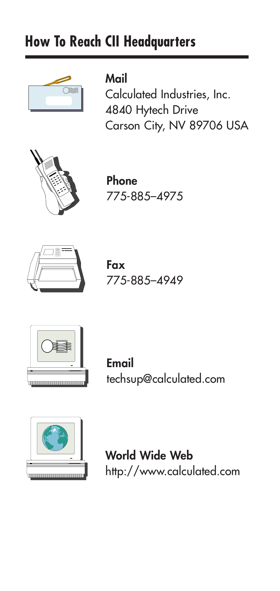 How to reach cii headquarters | Calculated Industries 9226 User Manual | Page 54 / 56