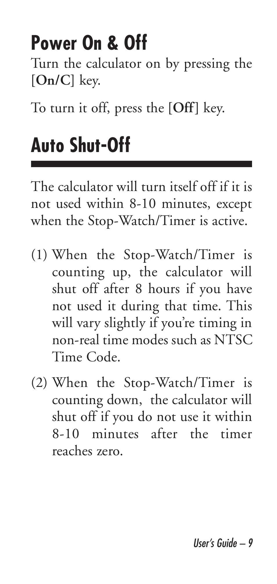 Power on & off, Auto shut-off | Calculated Industries 9226 User Manual | Page 9 / 56