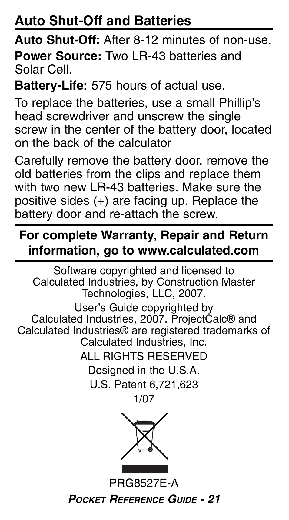 Auto shut-off and batteries | Calculated Industries 8527 User Manual | Page 23 / 24