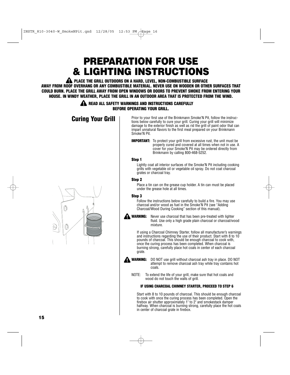 Preparation for use & lighting instructions, Curing your grill | Brinkmann Smoke'n Pit User Manual | Page 16 / 48