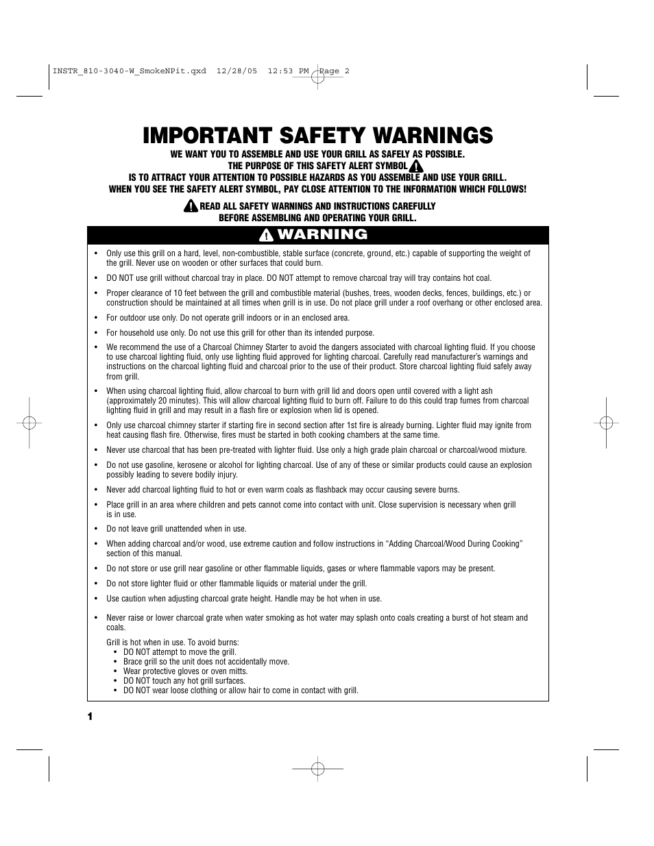 Important safety warnings, Warning | Brinkmann Smoke'n Pit User Manual | Page 2 / 48