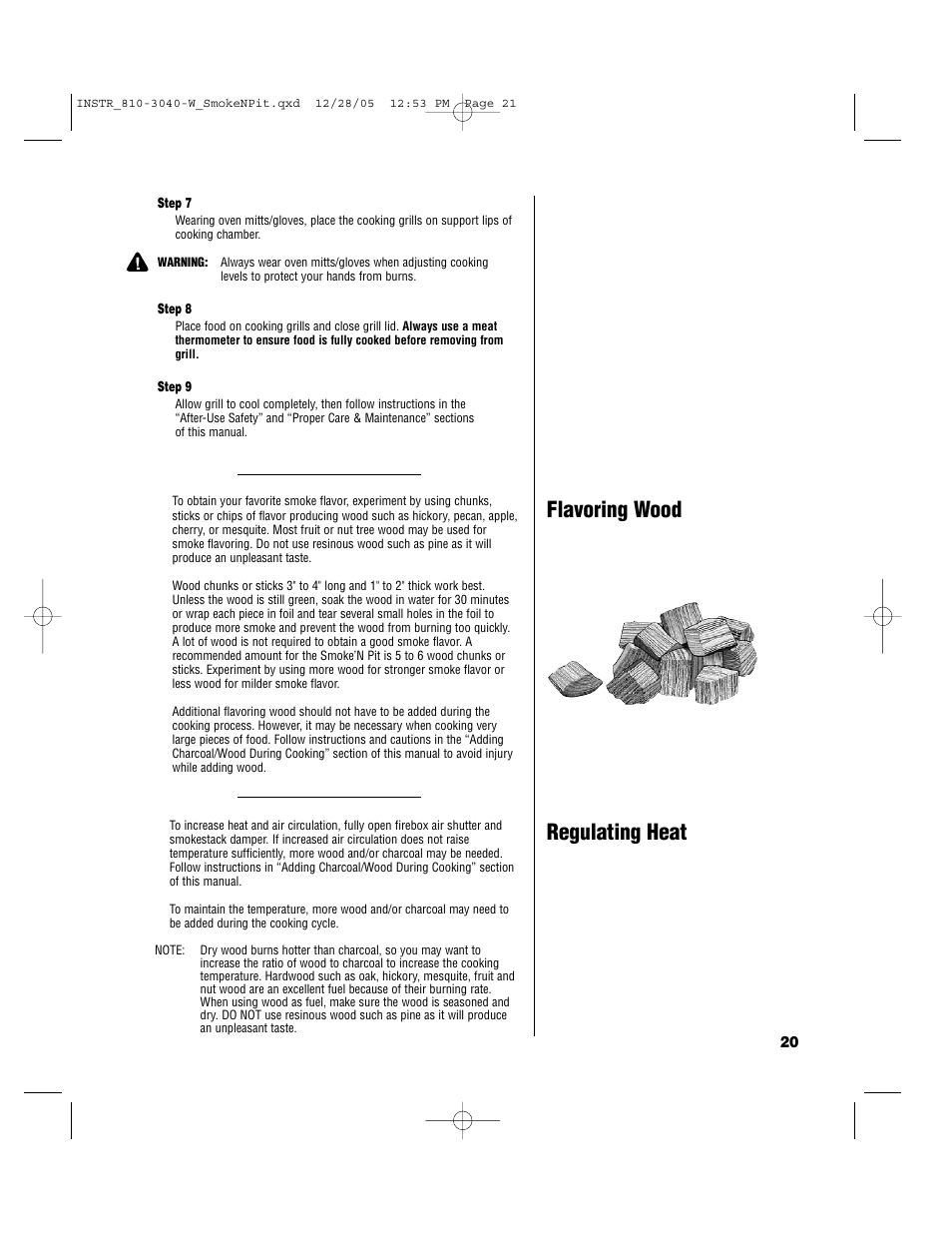 Flavoring wood, Regulating heat | Brinkmann Smoke'n Pit User Manual | Page 21 / 48