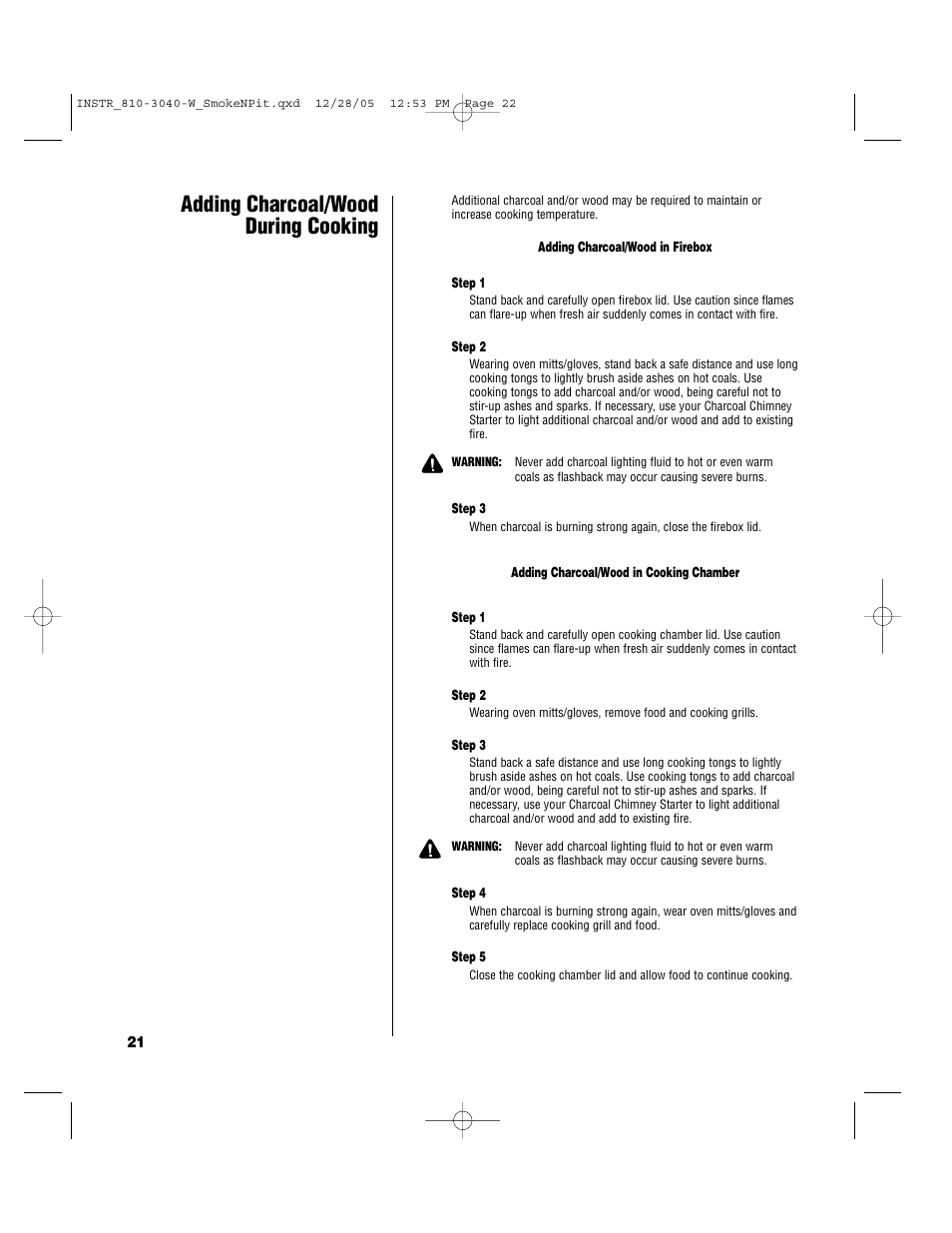 Adding charcoal/wood during cooking | Brinkmann Smoke'n Pit User Manual | Page 22 / 48