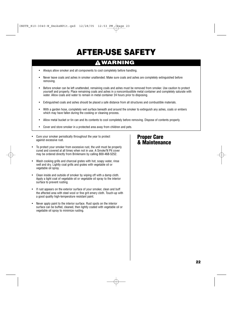 After-use safety, Proper care & maintenance, Warning | Brinkmann Smoke'n Pit User Manual | Page 23 / 48