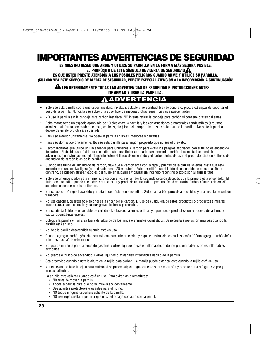 Importantes advertencias de seguridad, Advertencia | Brinkmann Smoke'n Pit User Manual | Page 24 / 48