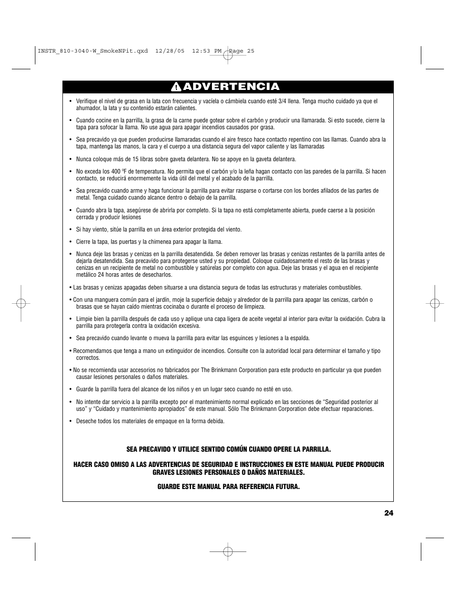 Advertencia | Brinkmann Smoke'n Pit User Manual | Page 25 / 48