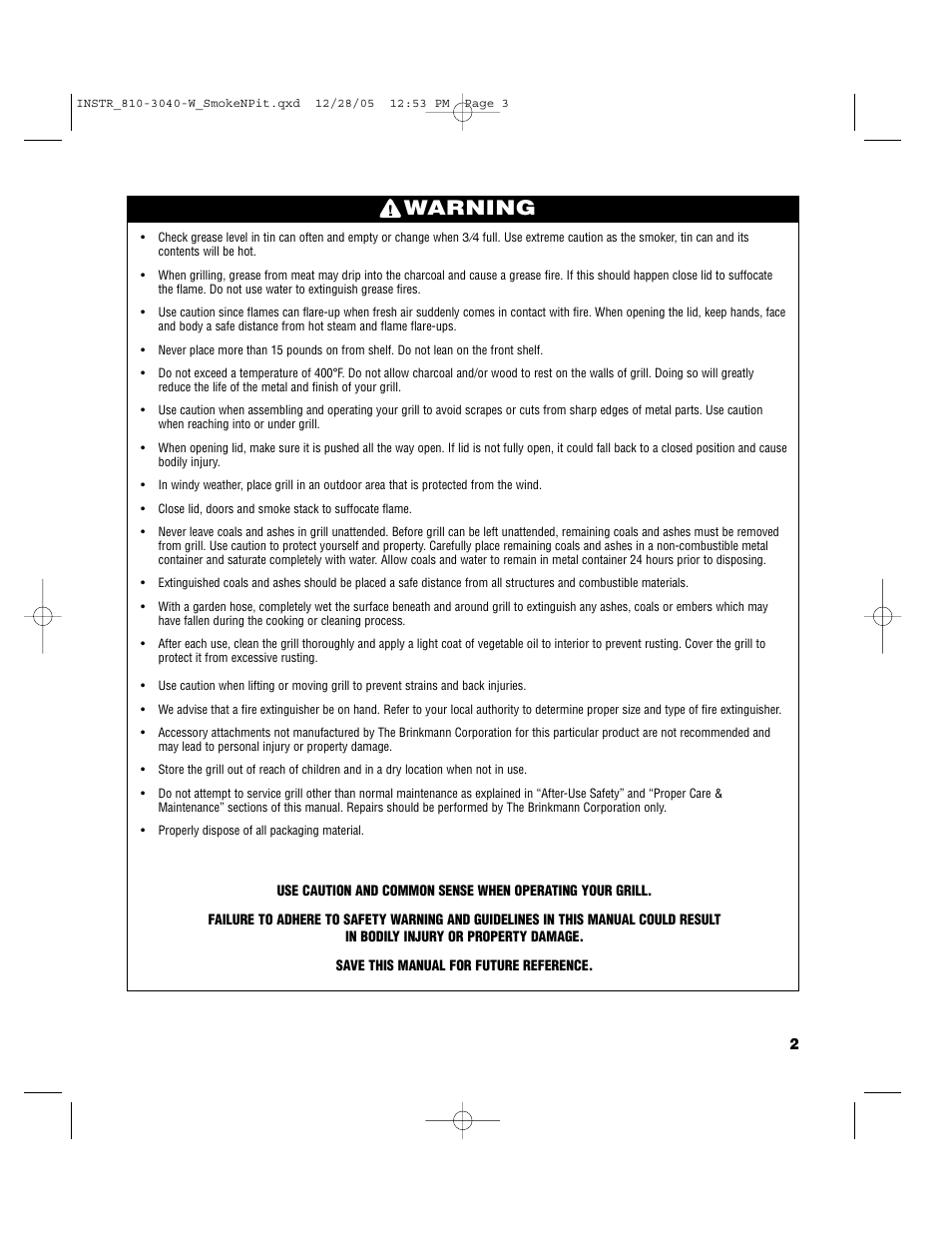 Warning | Brinkmann Smoke'n Pit User Manual | Page 3 / 48