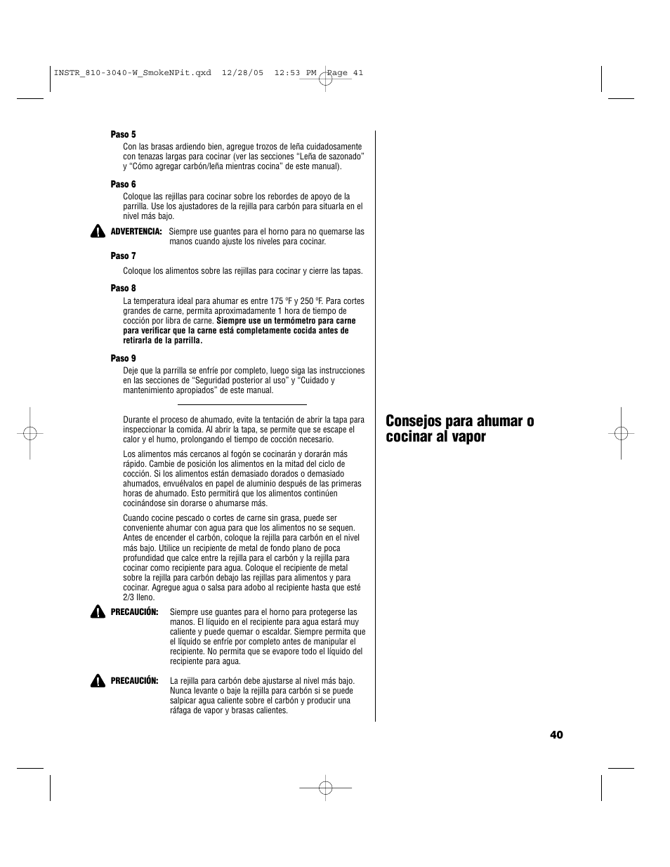 Consejos para ahumar o cocinar al vapor | Brinkmann Smoke'n Pit User Manual | Page 41 / 48