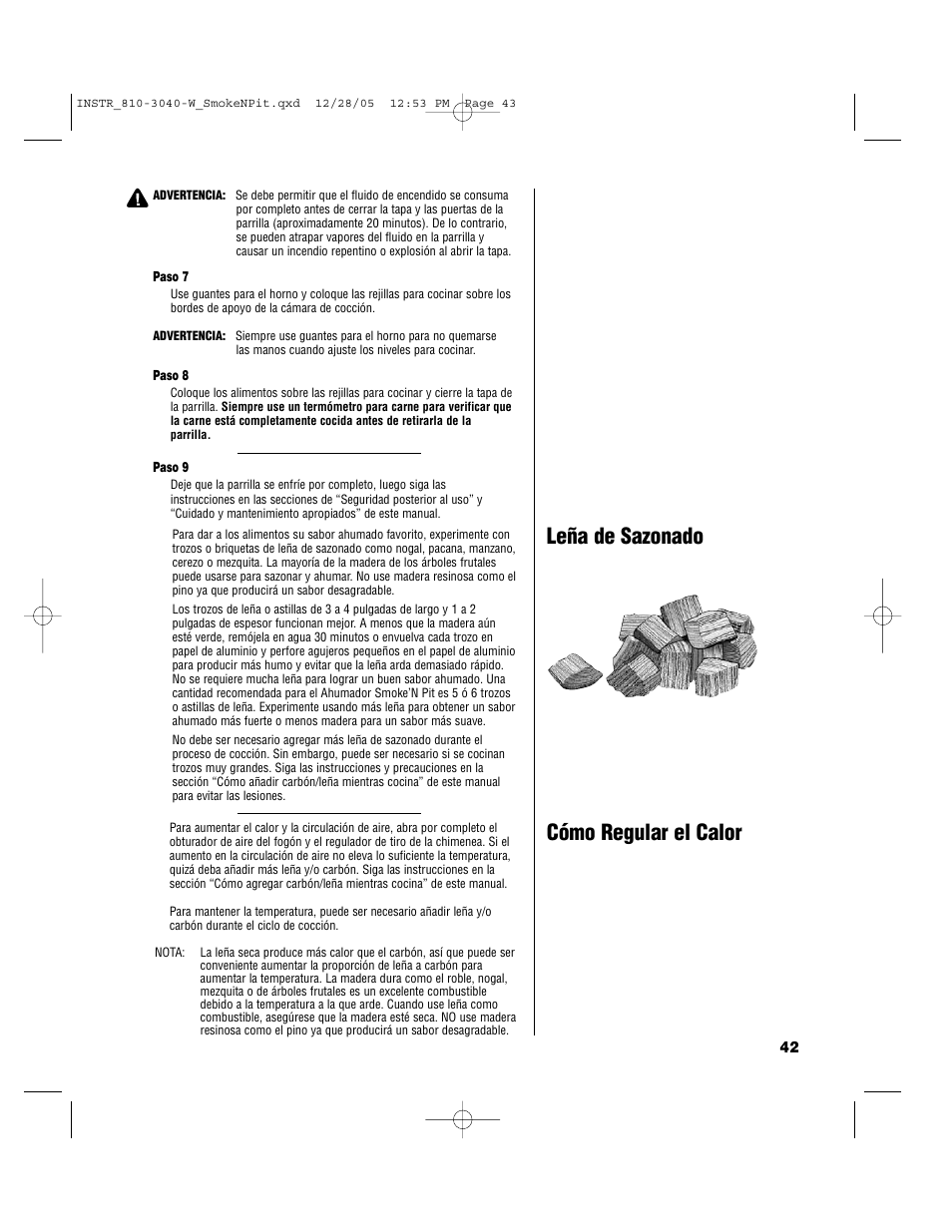 Leña de sazonado, Cómo regular el calor | Brinkmann Smoke'n Pit User Manual | Page 43 / 48