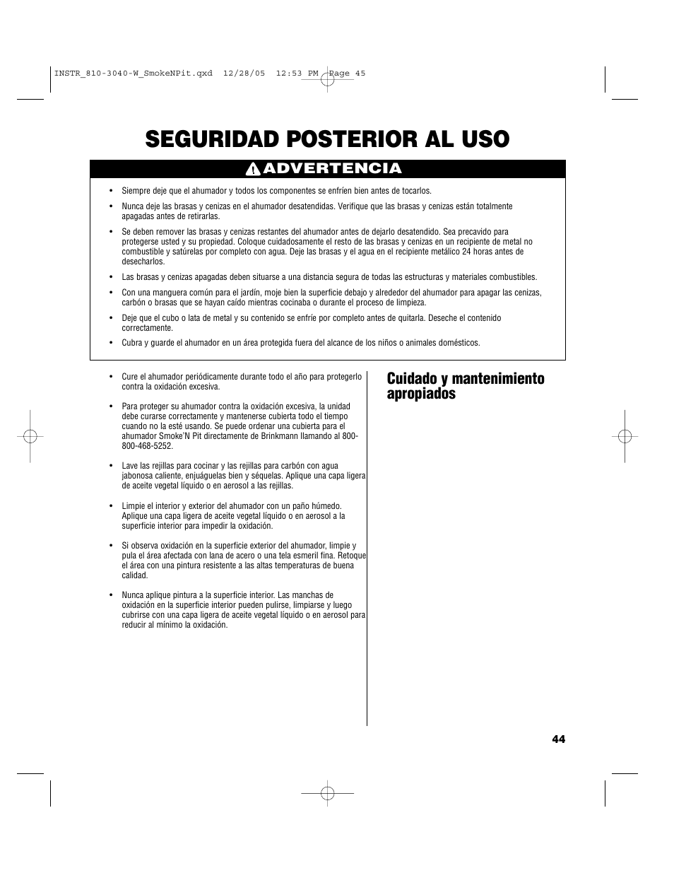 Seguridad posterior al uso, Cuidado y mantenimiento apropiados, Advertencia | Brinkmann Smoke'n Pit User Manual | Page 45 / 48