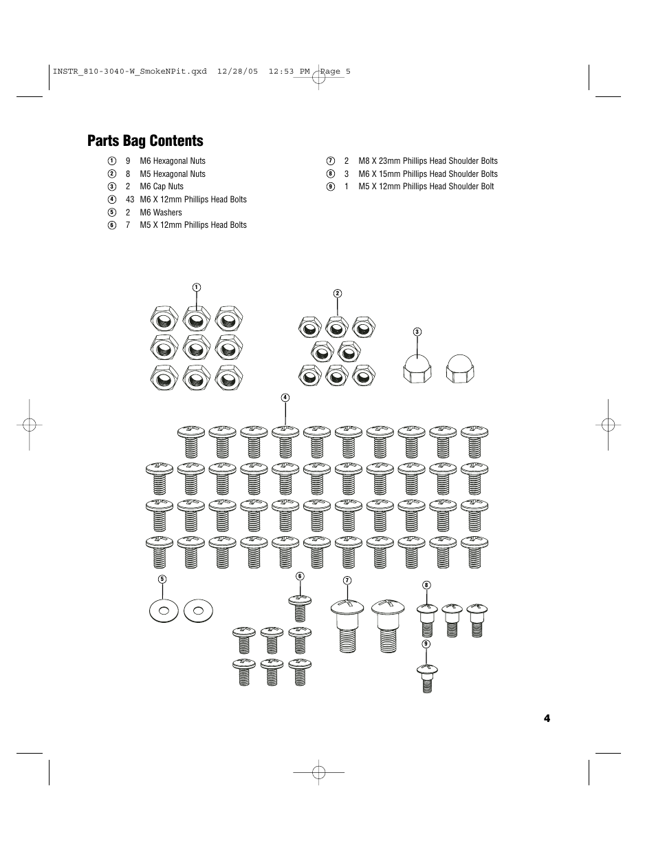 Parts bag contents | Brinkmann Smoke'n Pit User Manual | Page 5 / 48