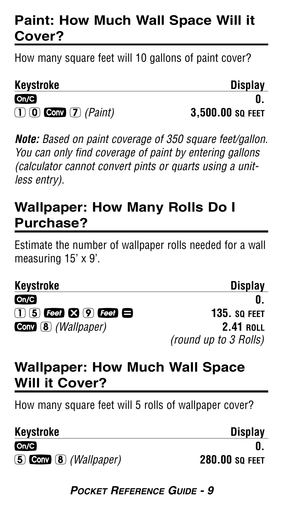 Paint: how much wall space will it cover, Wallpaper: how many rolls do i purchase, Wallpaper: how much wall space will it cover | Calculated Industries 8503 User Guide User Manual | Page 11 / 20