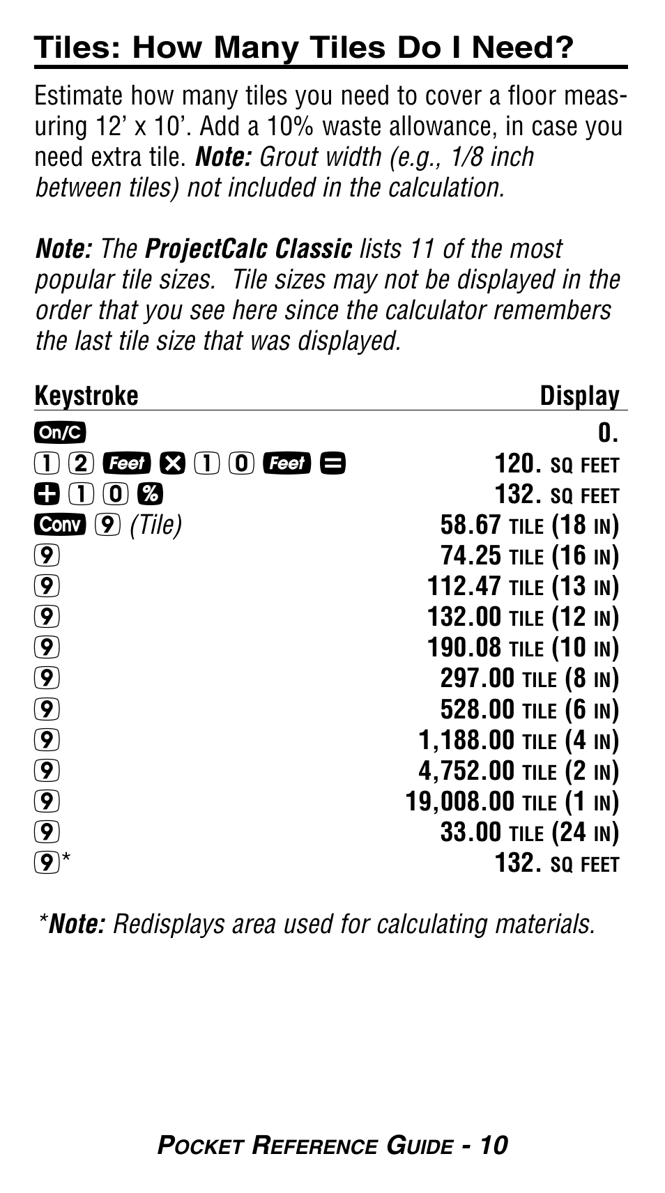 Tiles: how many tiles do i need | Calculated Industries 8503 User Guide User Manual | Page 12 / 20