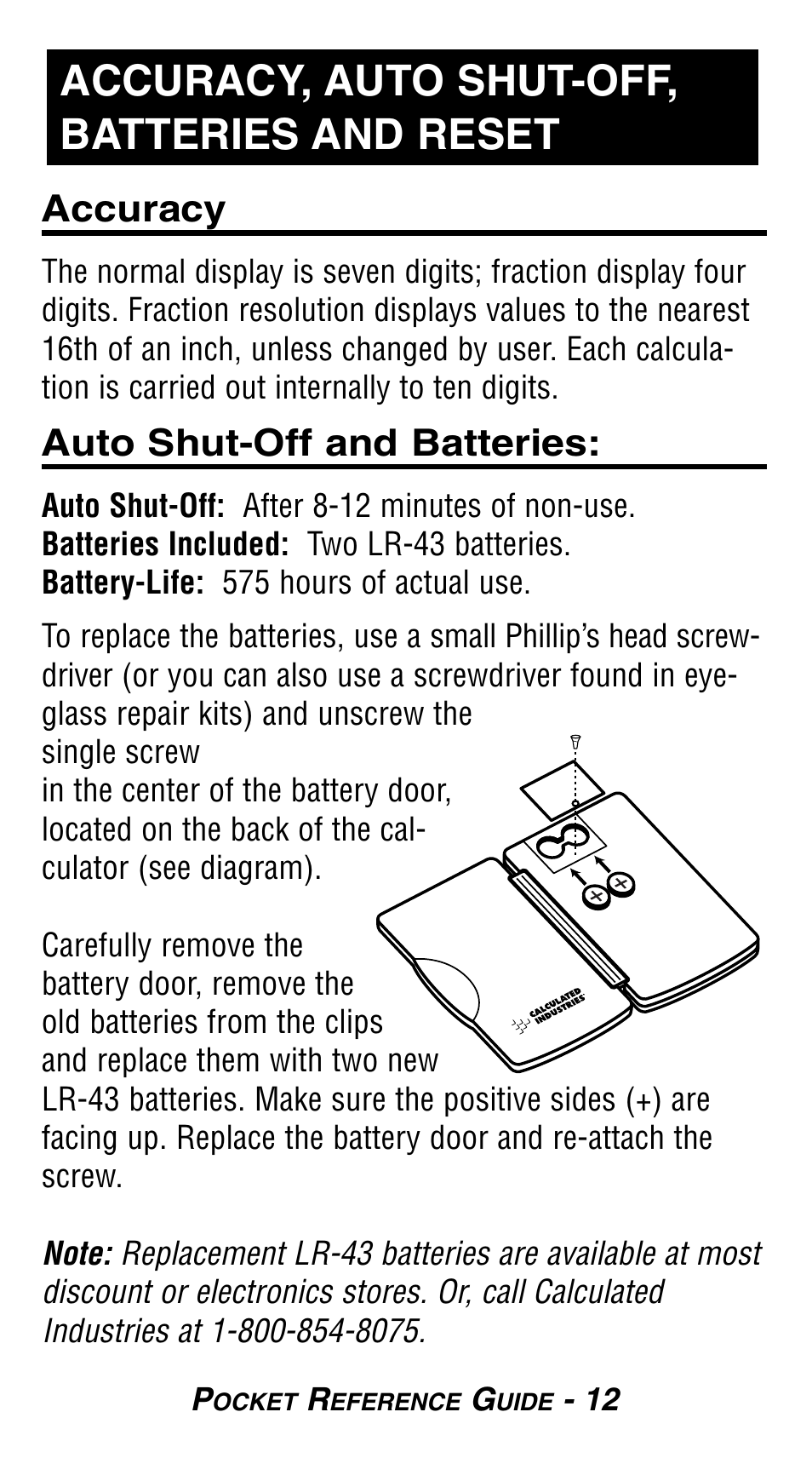 Accuracy, auto shut-off, batteries and reset | Calculated Industries 8503 User Guide User Manual | Page 14 / 20