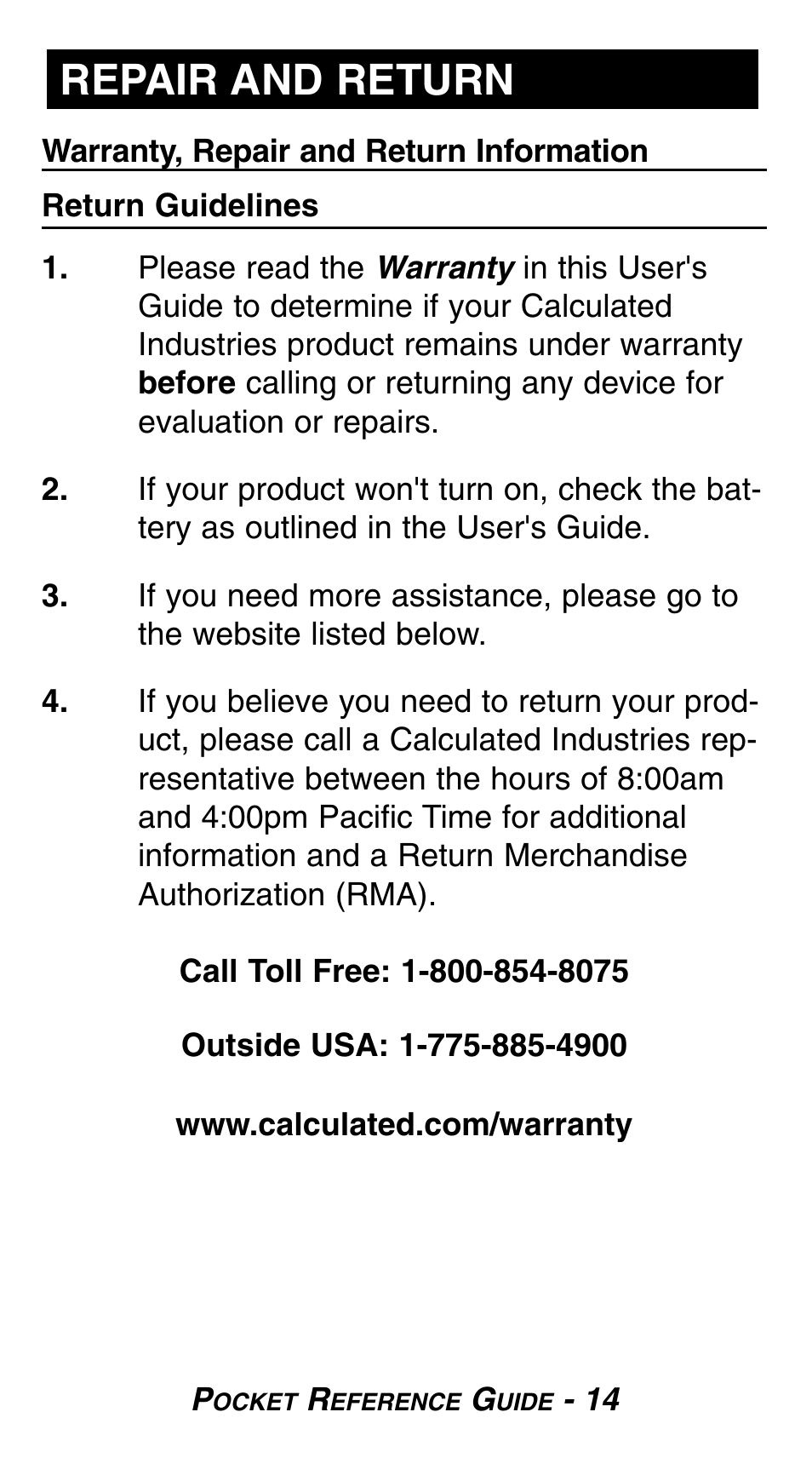 Repair and return | Calculated Industries 8503 User Guide User Manual | Page 16 / 20