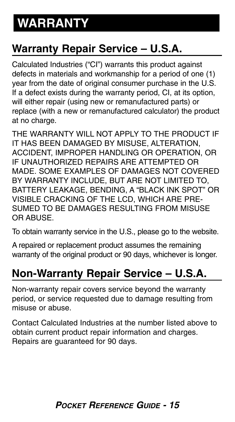 Warranty, Warranty repair service – u.s.a, Non-warranty repair service – u.s.a | Calculated Industries 8503 User Guide User Manual | Page 17 / 20