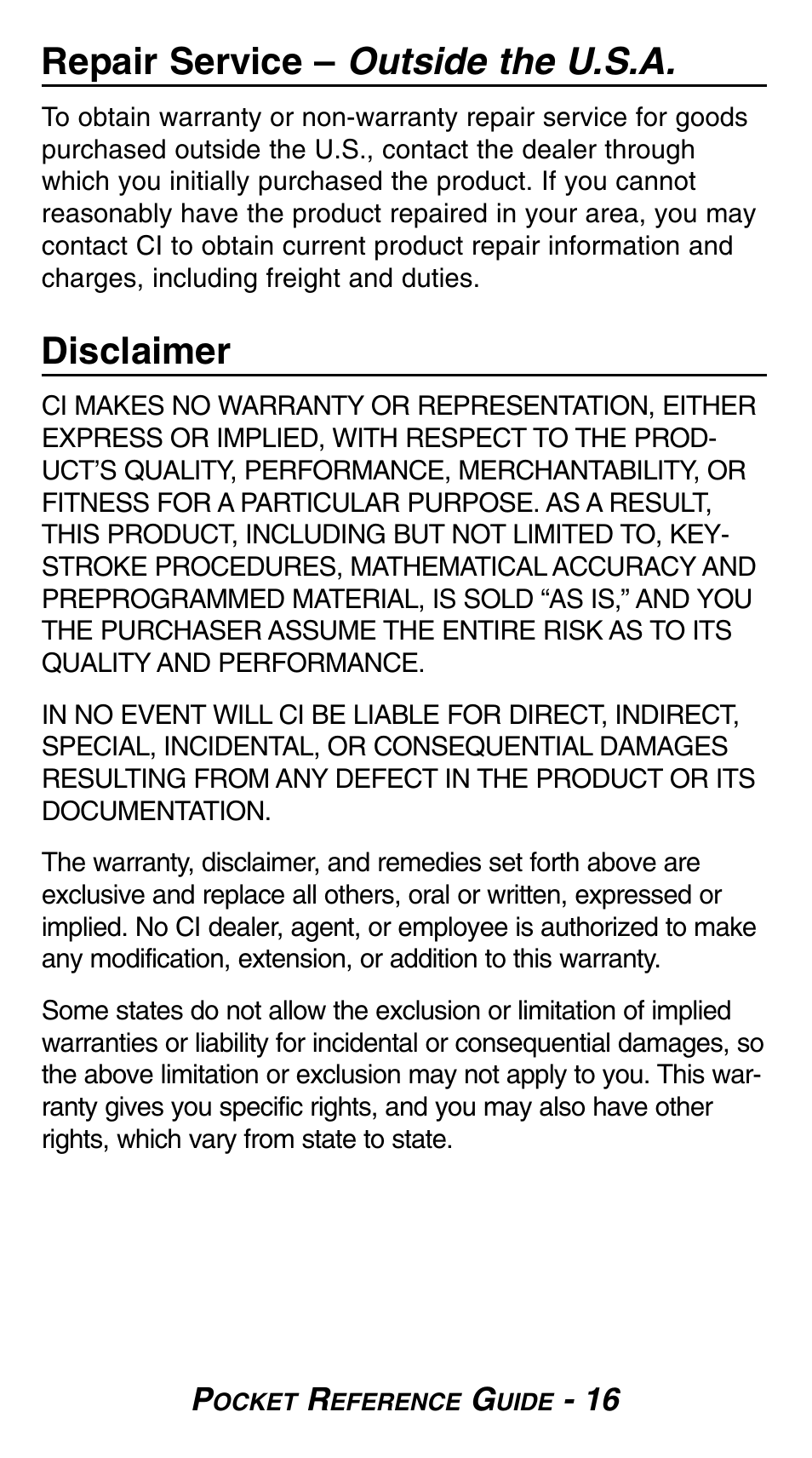 Repair service – outside the u.s.a, Disclaimer | Calculated Industries 8503 User Guide User Manual | Page 18 / 20