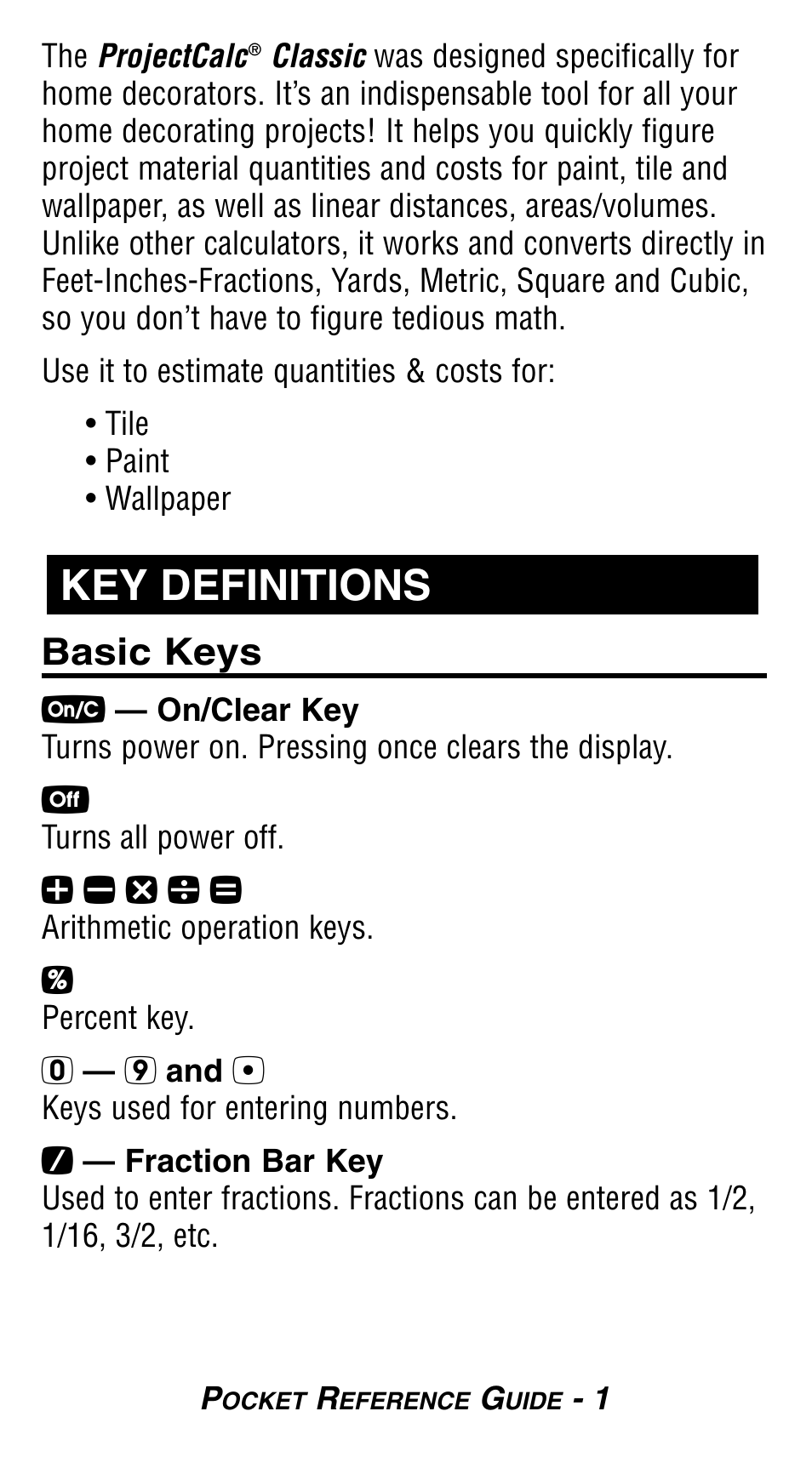 Key definitions, Basic keys | Calculated Industries 8503 User Guide User Manual | Page 3 / 20