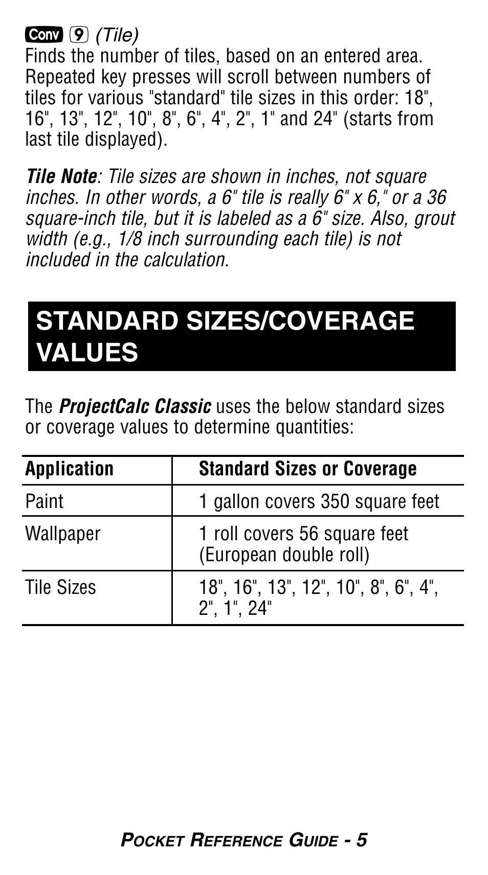 Standard sizes/coverage values | Calculated Industries 8503 User Guide User Manual | Page 7 / 20