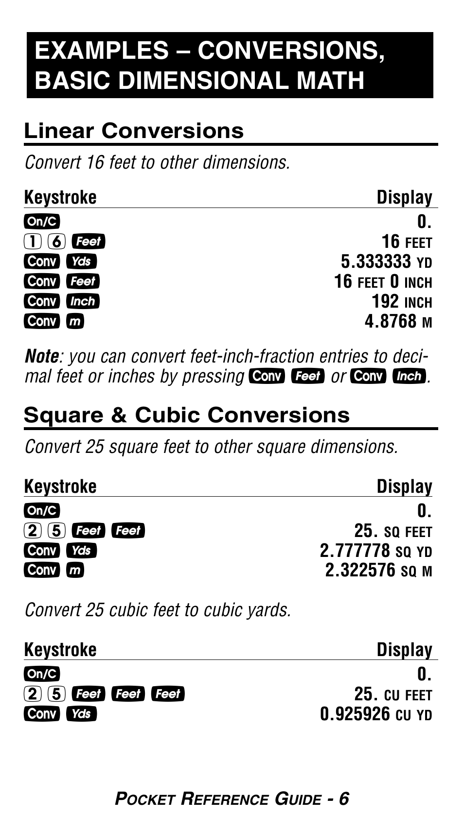 Examples – conversions, basic dimensional math, Linear conversions, Square & cubic conversions | Calculated Industries 8503 User Guide User Manual | Page 8 / 20
