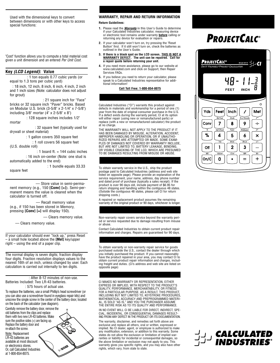 User's guide, Roject, Warranty repair and return | Calculated Industries 8515 User Manual | Page 2 / 2