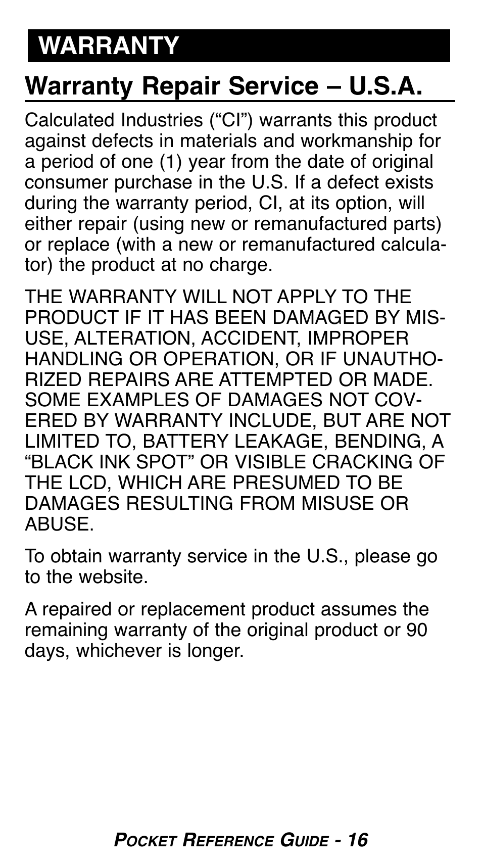 Warranty repair service – u.s.a, Warranty | Calculated Industries 8510 User Manual | Page 18 / 23