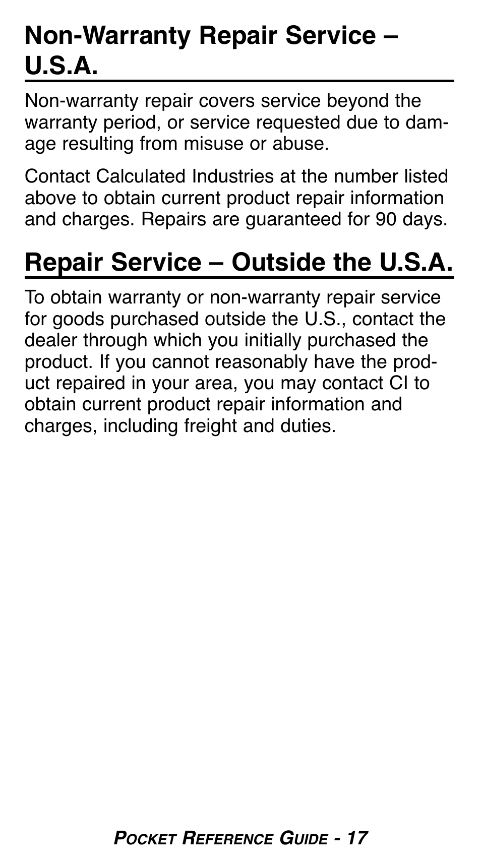 Non-warranty repair service – u.s.a, Repair service – outside the u.s.a | Calculated Industries 8510 User Manual | Page 19 / 23
