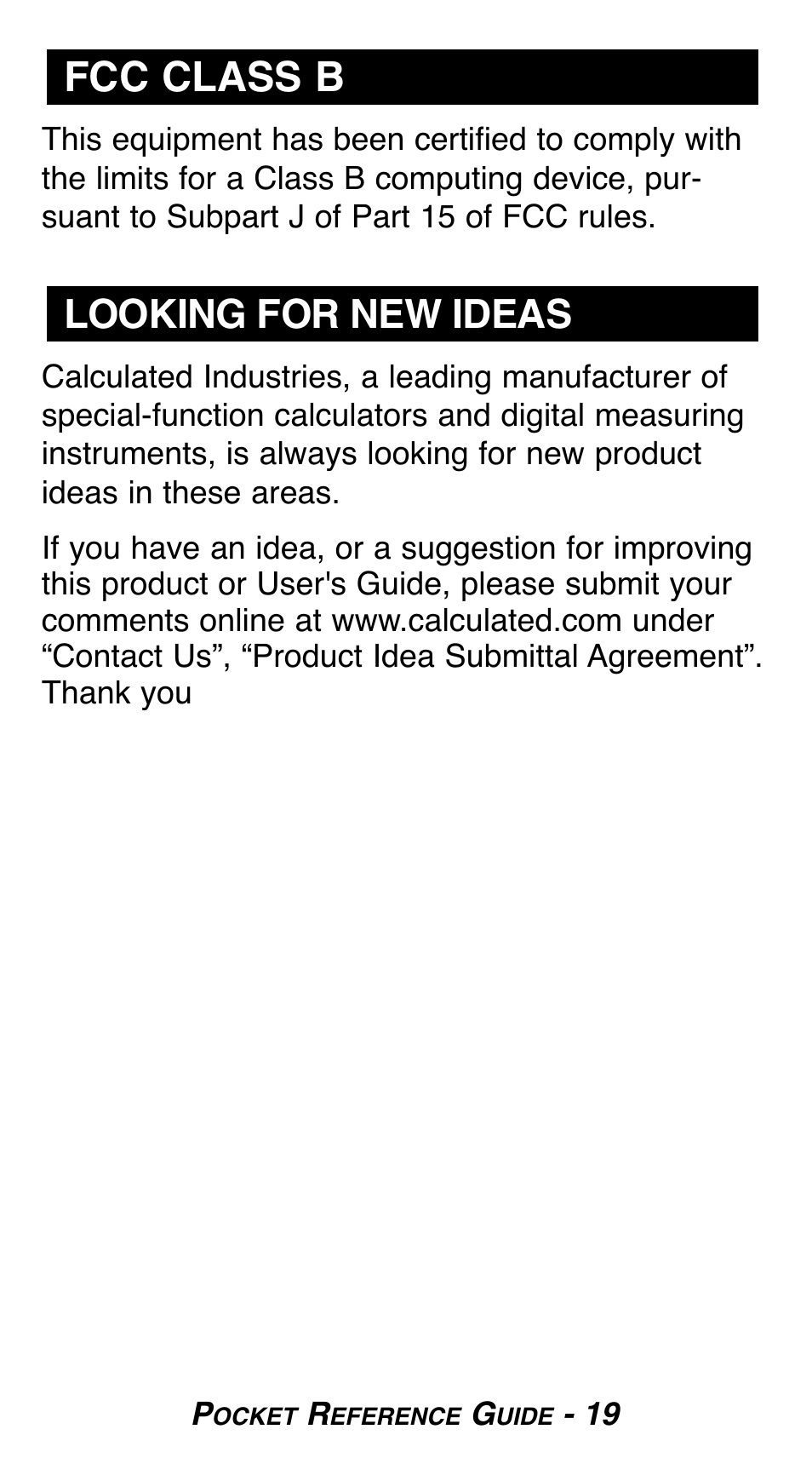 Fcc class b, Looking for new ideas | Calculated Industries 8510 User Manual | Page 21 / 23