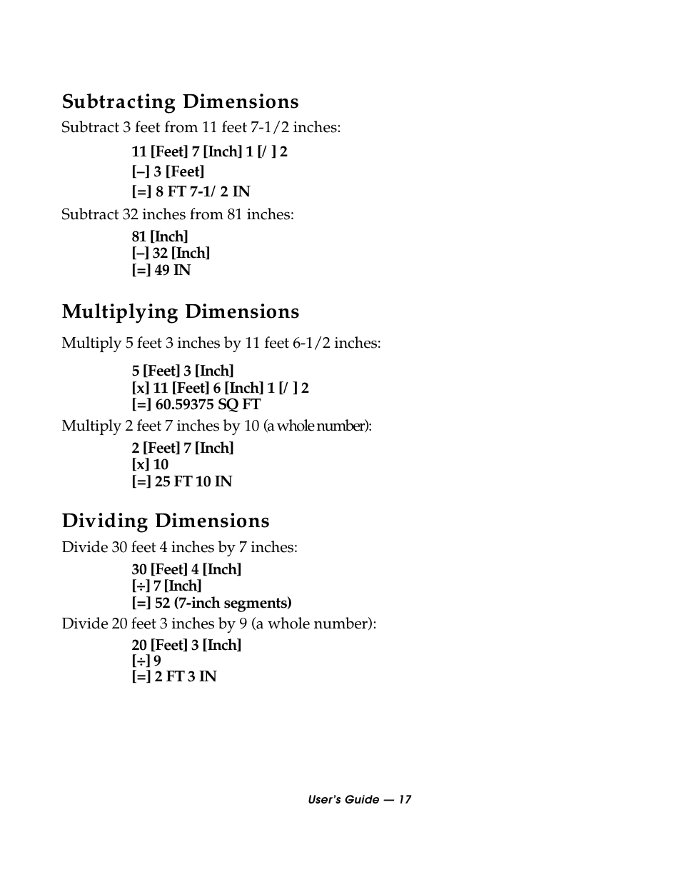 Subtracting dimensions, Multiplying dimensions, Dividing dimensions | Calculated Industries 3088 User Manual | Page 17 / 55