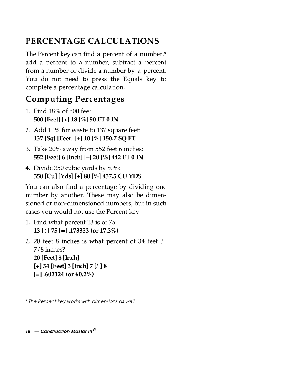 Percentage calculations, Computing percentages | Calculated Industries 3088 User Manual | Page 18 / 55